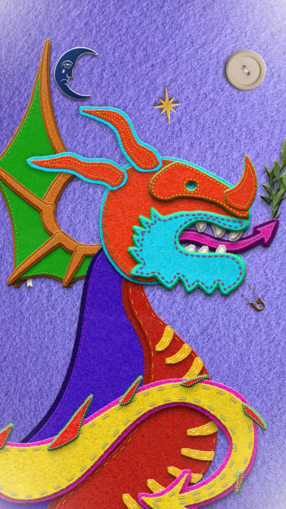 Dragon animé sur fond violet.