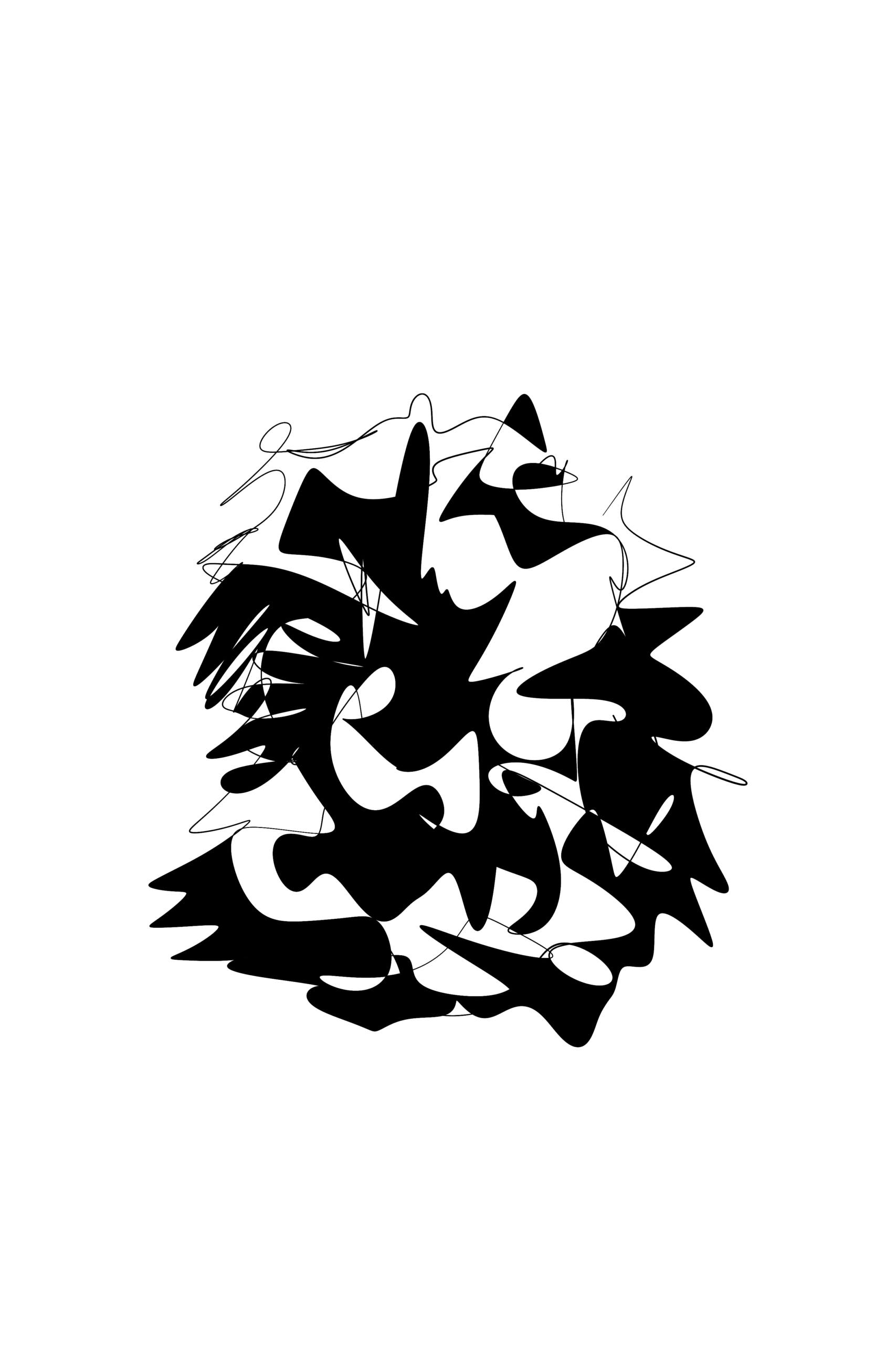 Composition dense de formes noires et de lignes fines.