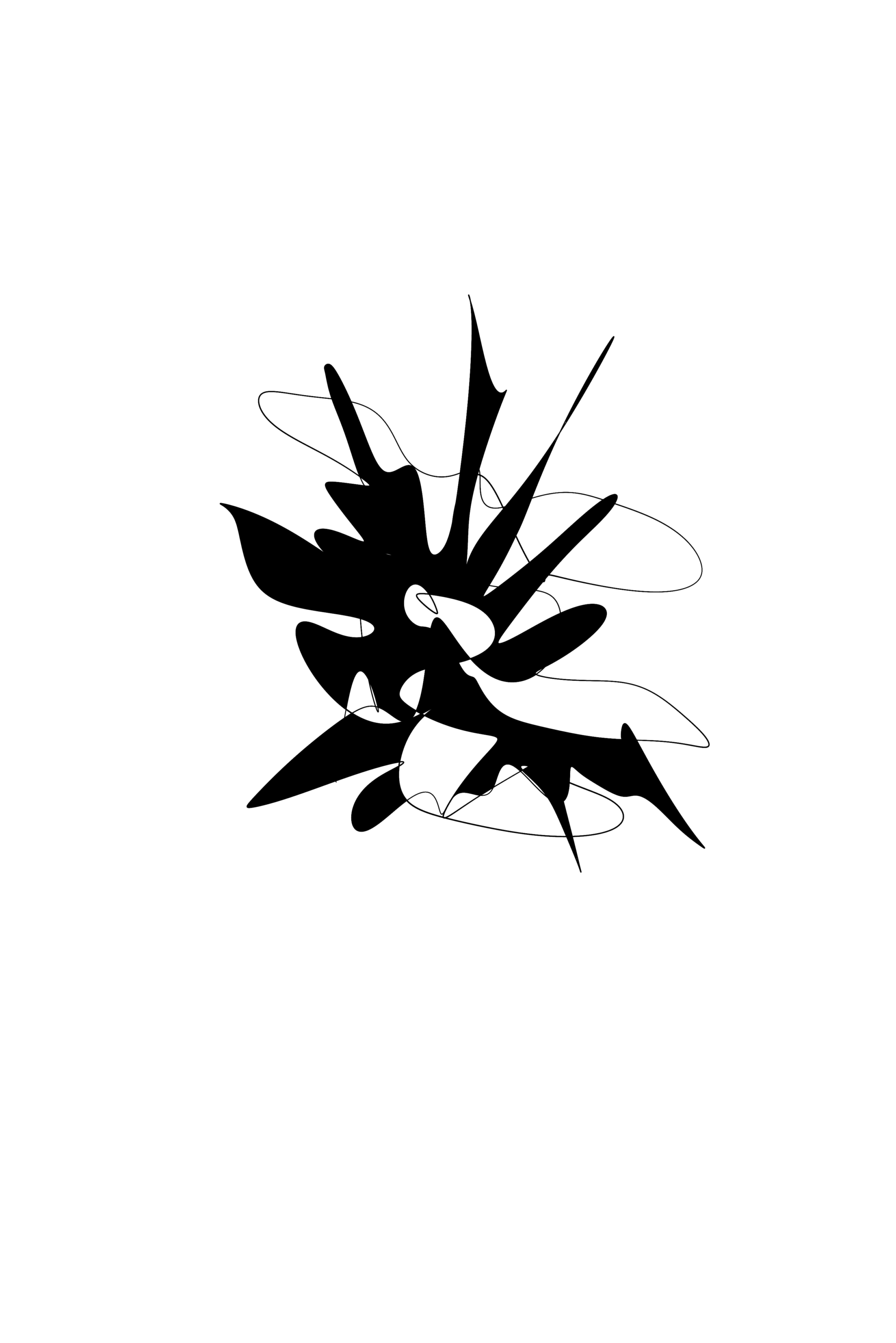 Forme noire anguleuse traversée de lignes courbes.